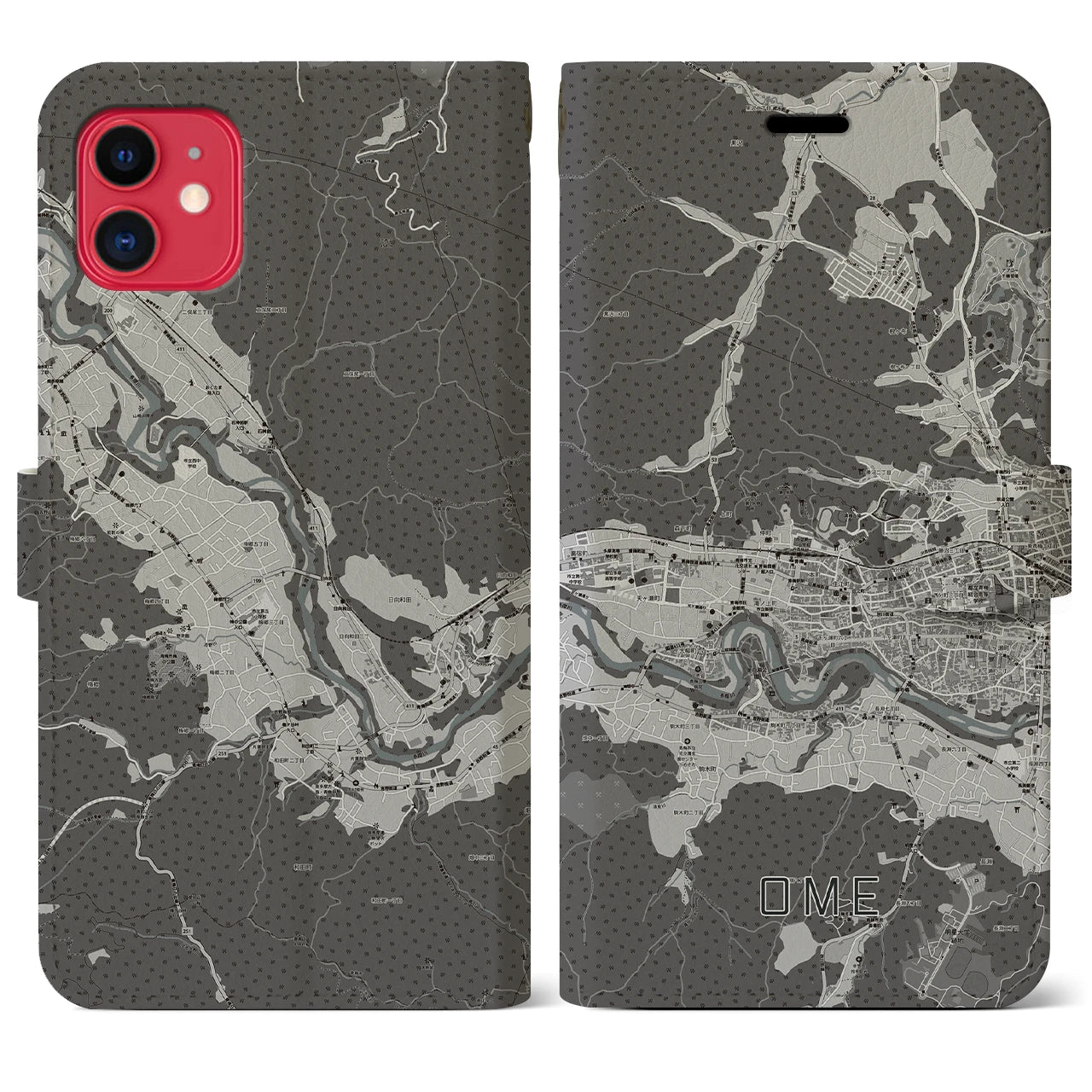 【青梅(東京都)】地図柄iPhoneケース(手帳タイプ)モノトーン・iPhone 11 用