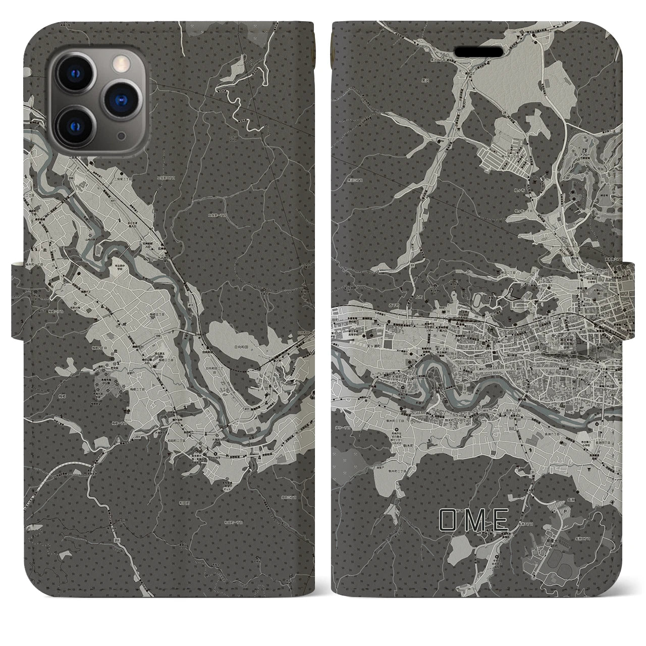 【青梅(東京都)】地図柄iPhoneケース(手帳タイプ)モノトーン・iPhone 11 Pro Max 用