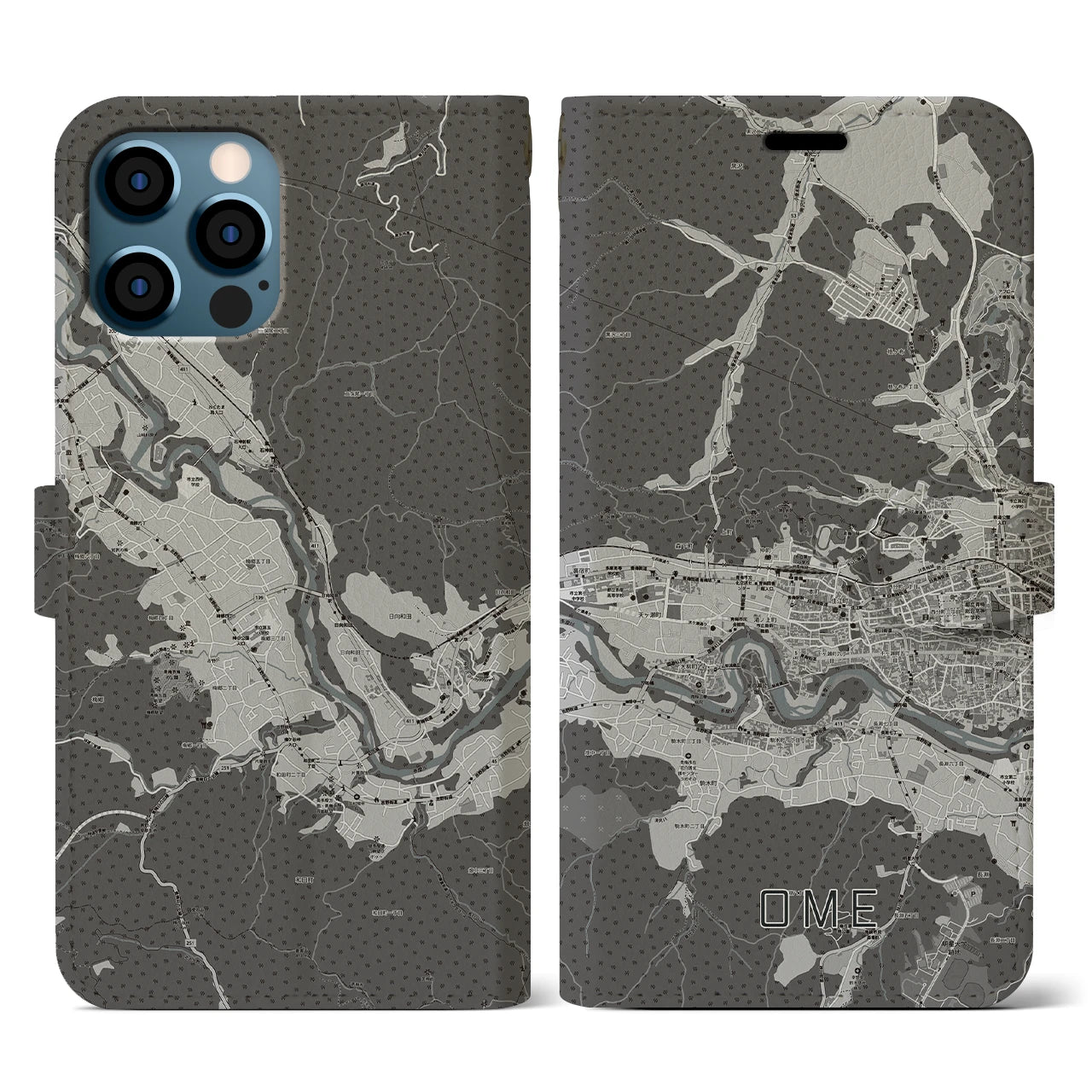 【青梅(東京都)】地図柄iPhoneケース(手帳タイプ)モノトーン・iPhone 12 / 12 Pro 用