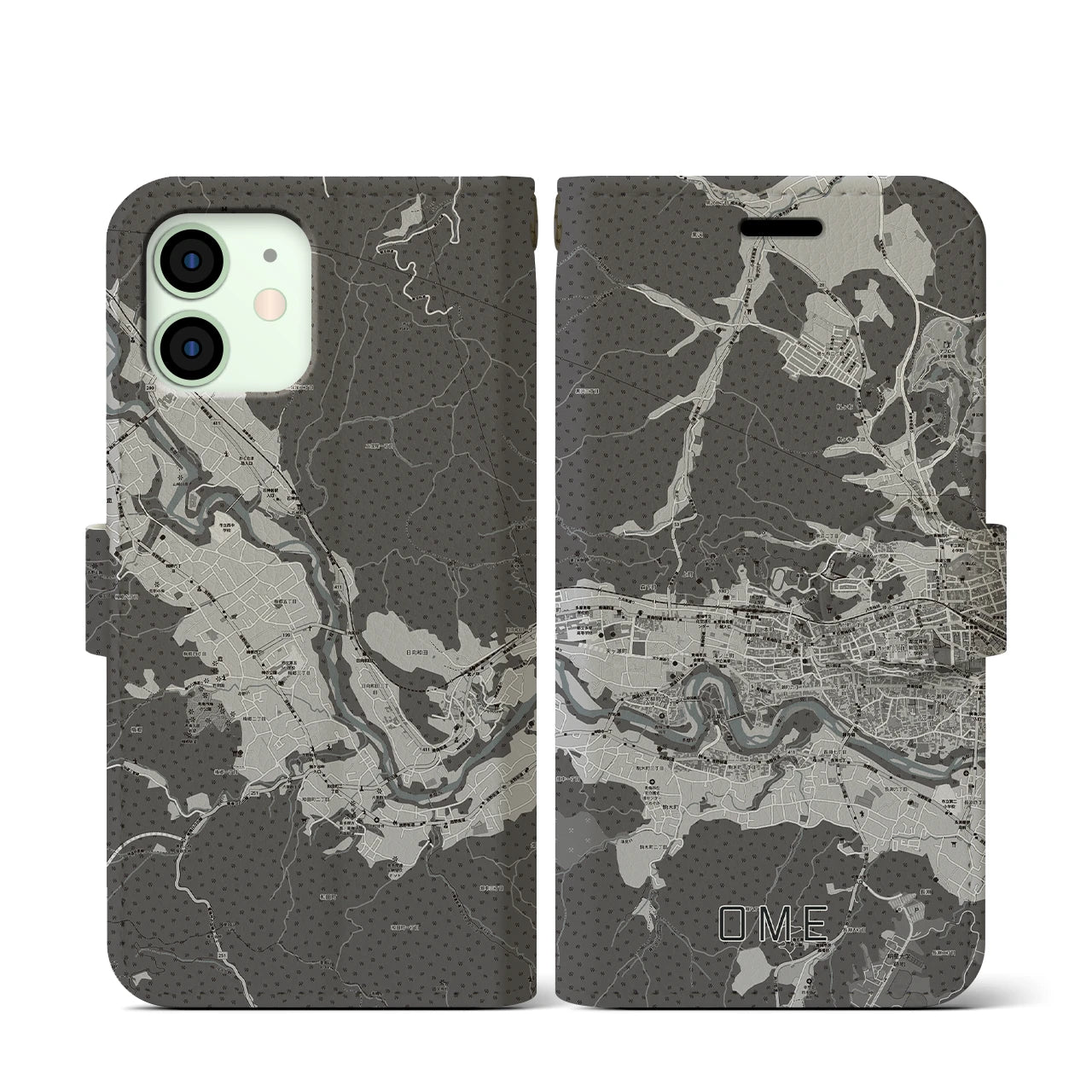【青梅(東京都)】地図柄iPhoneケース(手帳タイプ)モノトーン・iPhone 12 mini 用