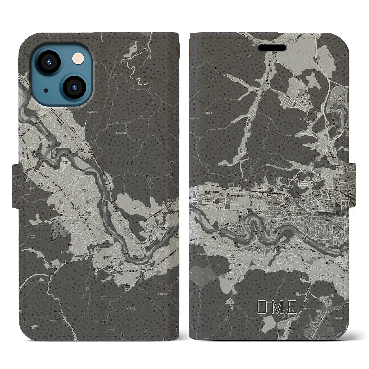 【青梅(東京都)】地図柄iPhoneケース(手帳タイプ)モノトーン・iPhone 13 用
