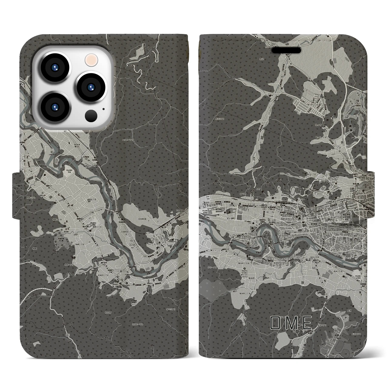 【青梅(東京都)】地図柄iPhoneケース(手帳タイプ)モノトーン・iPhone 13 Pro 用