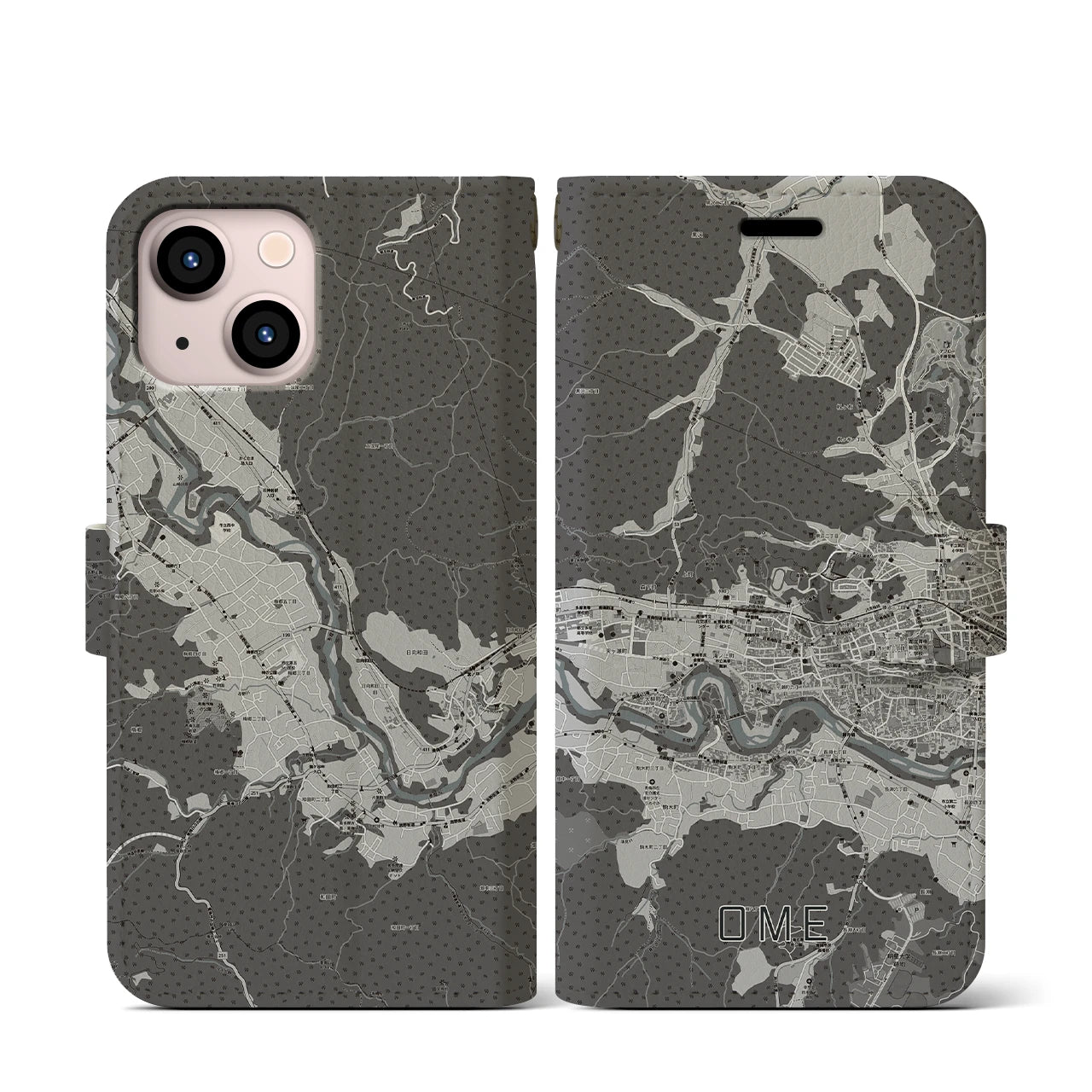 【青梅(東京都)】地図柄iPhoneケース(手帳タイプ)モノトーン・iPhone 13 mini 用