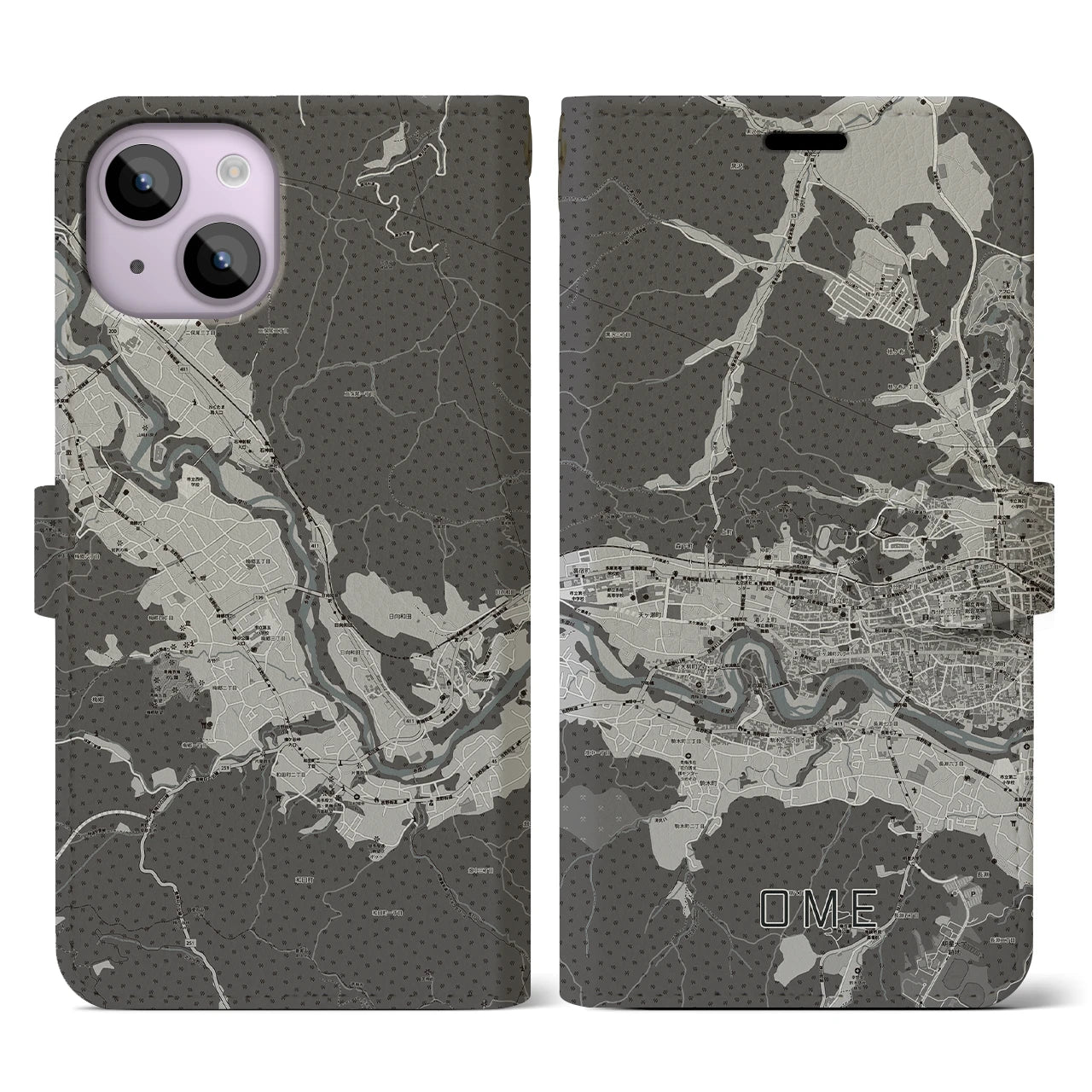 【青梅(東京都)】地図柄iPhoneケース(手帳タイプ)モノトーン・iPhone 14 用