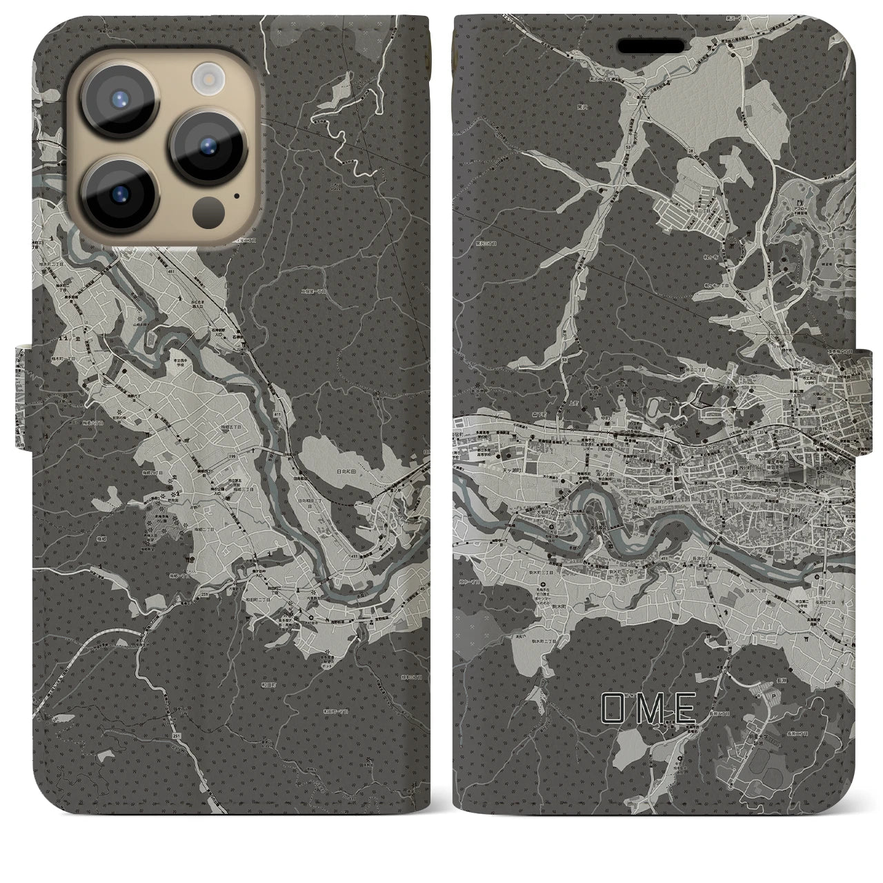 【青梅(東京都)】地図柄iPhoneケース(手帳タイプ)モノトーン・iPhone 14 Pro Max 用