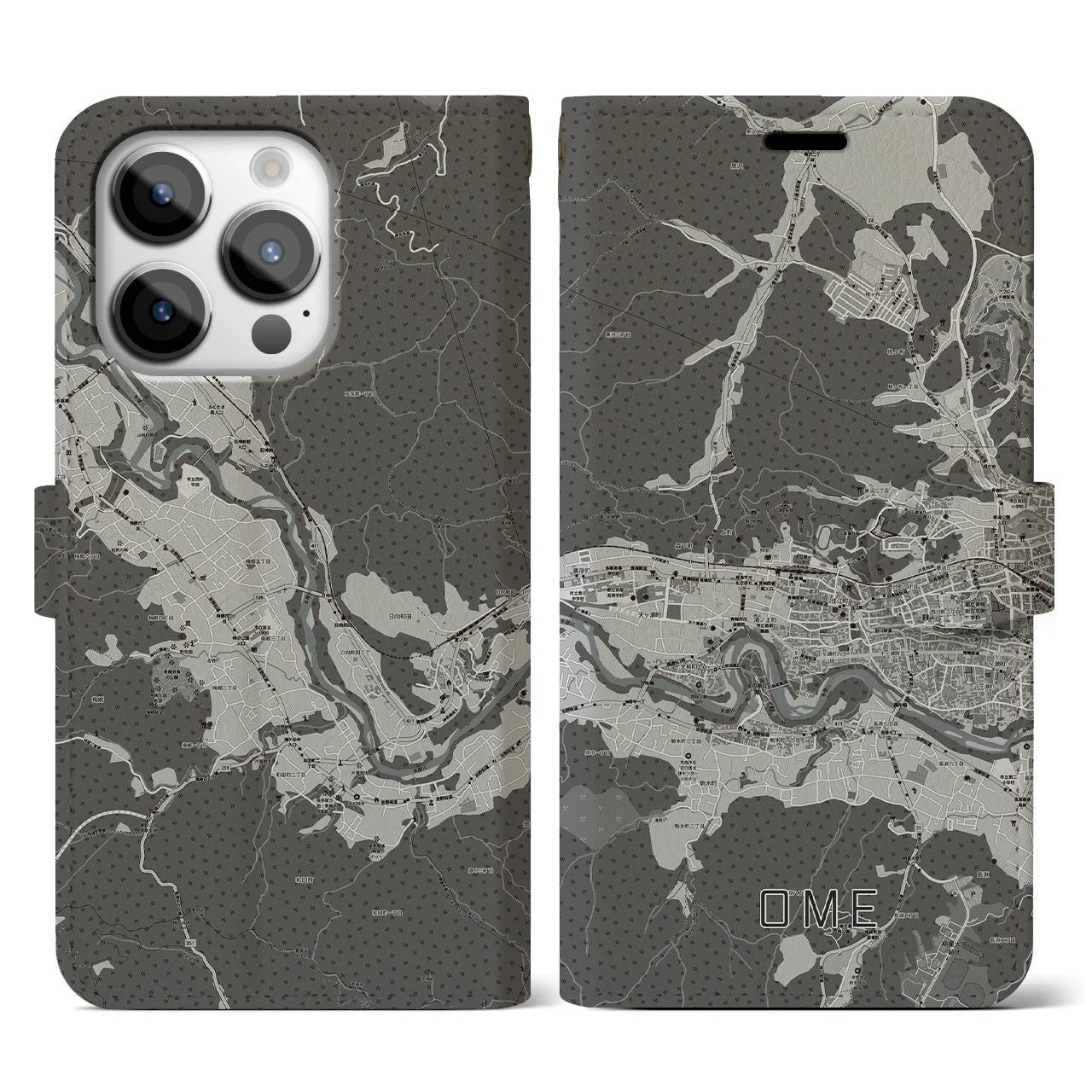 【青梅(東京都)】地図柄iPhoneケース(手帳タイプ)モノトーン・iPhone 14 Pro 用