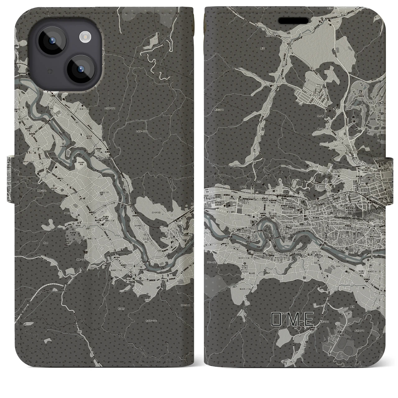 【青梅(東京都)】地図柄iPhoneケース(手帳タイプ)モノトーン・iPhone 14 Plus 用