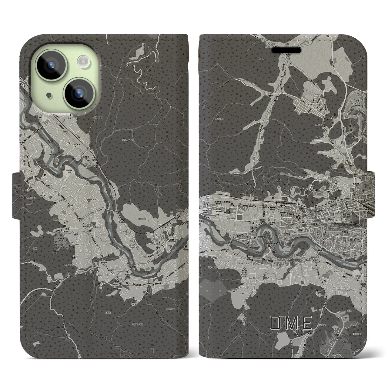 【青梅(東京都)】地図柄iPhoneケース(手帳タイプ)モノトーン・iPhone 15 用