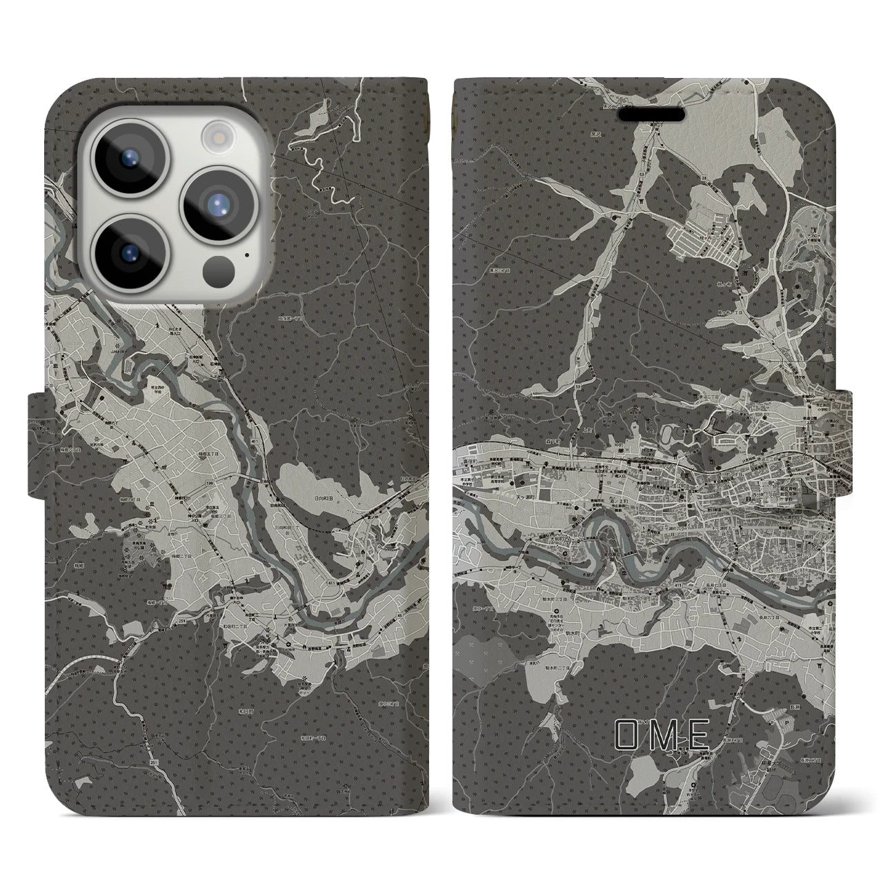 【青梅(東京都)】地図柄iPhoneケース(手帳タイプ)モノトーン・iPhone 15 Pro 用