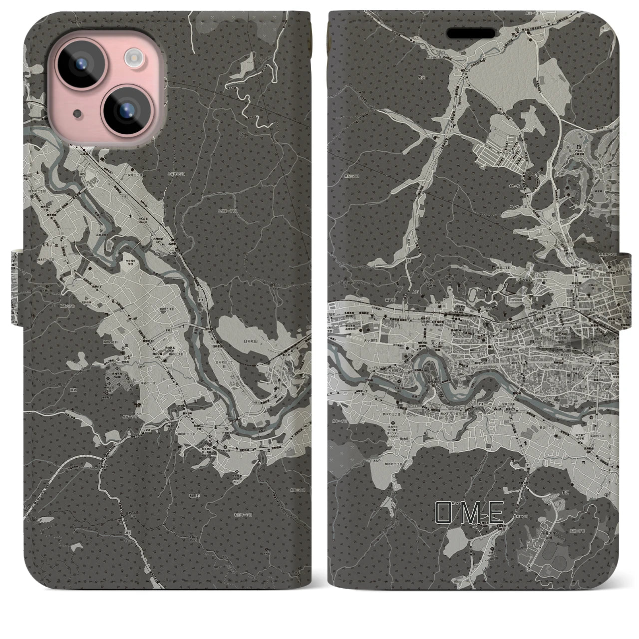 【青梅(東京都)】地図柄iPhoneケース(手帳タイプ)モノトーン・iPhone 15 Plus 用