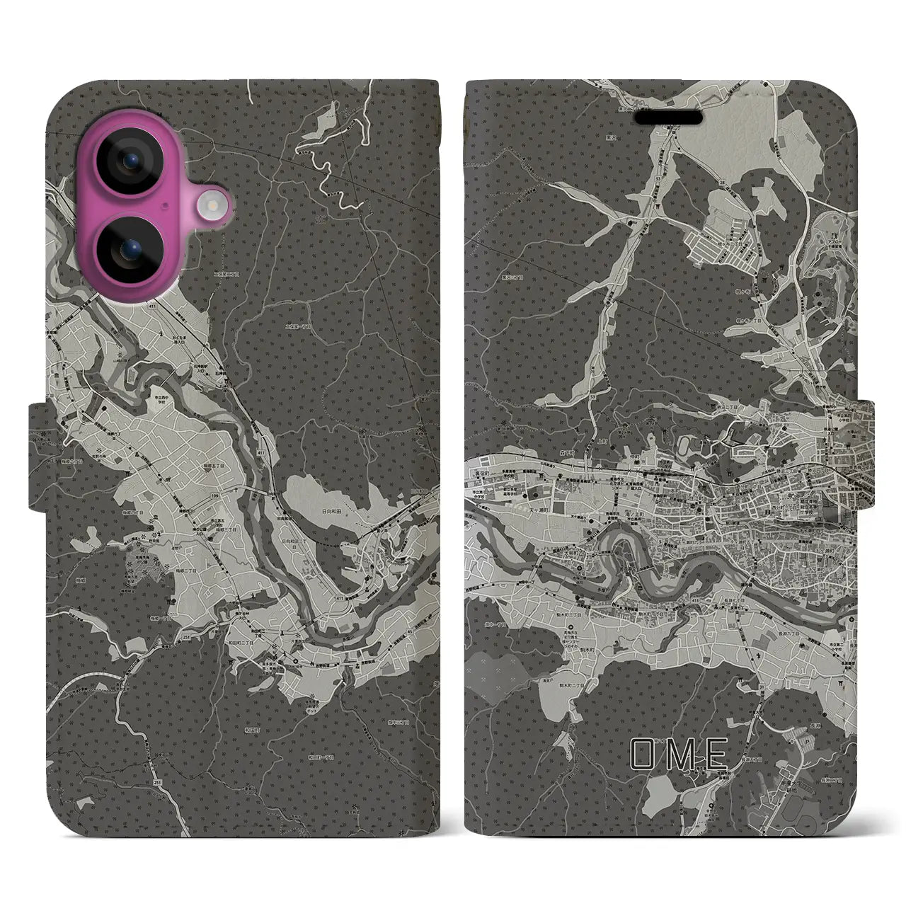【青梅(東京都)】地図柄iPhoneケース(手帳タイプ)モノトーン・iPhone 16 Pro 用