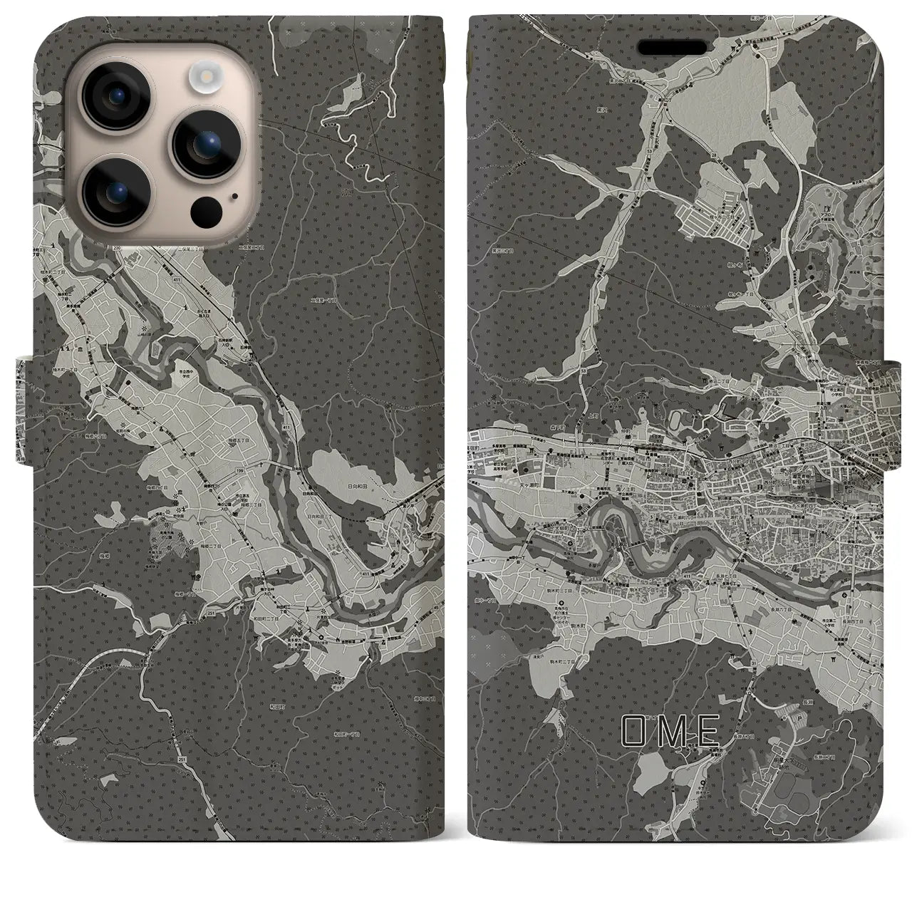 【青梅(東京都)】地図柄iPhoneケース(手帳タイプ)モノトーン・iPhone 16 Plus 用