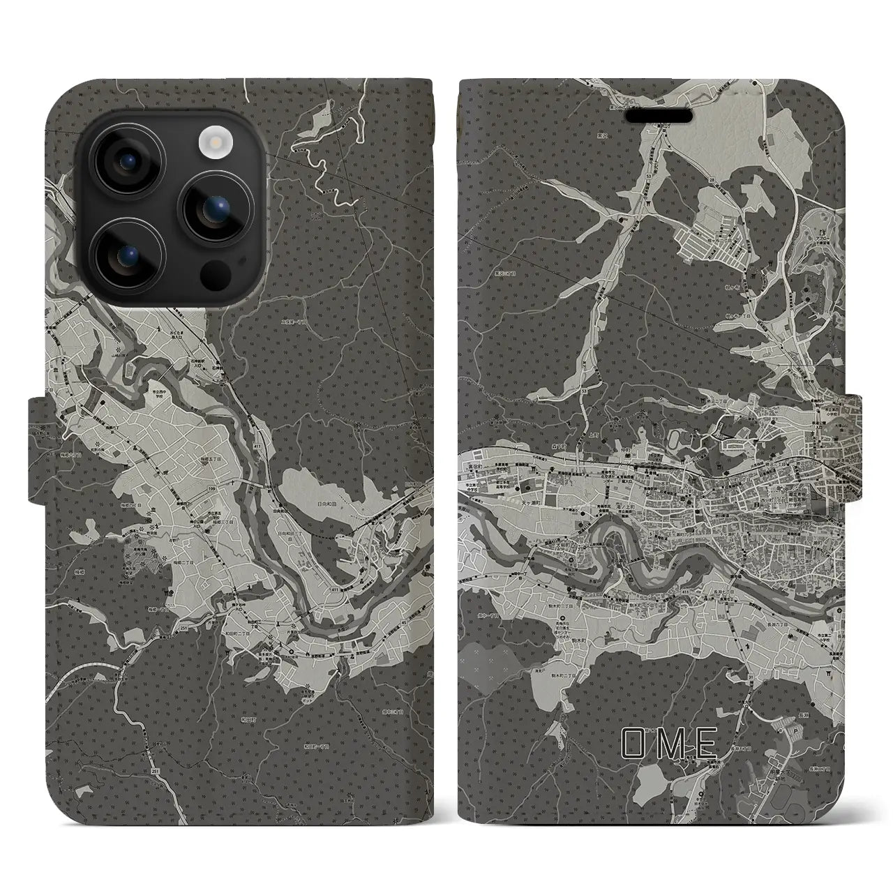 【青梅(東京都)】地図柄iPhoneケース(手帳タイプ)モノトーン・iPhone 16 用