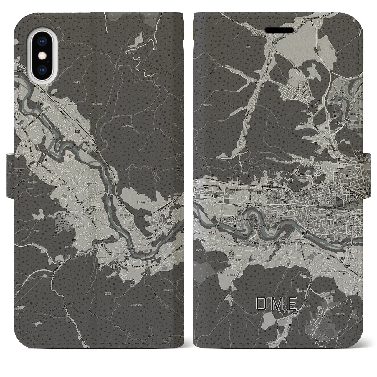 【青梅(東京都)】地図柄iPhoneケース(手帳タイプ)モノトーン・iPhone XS Max 用