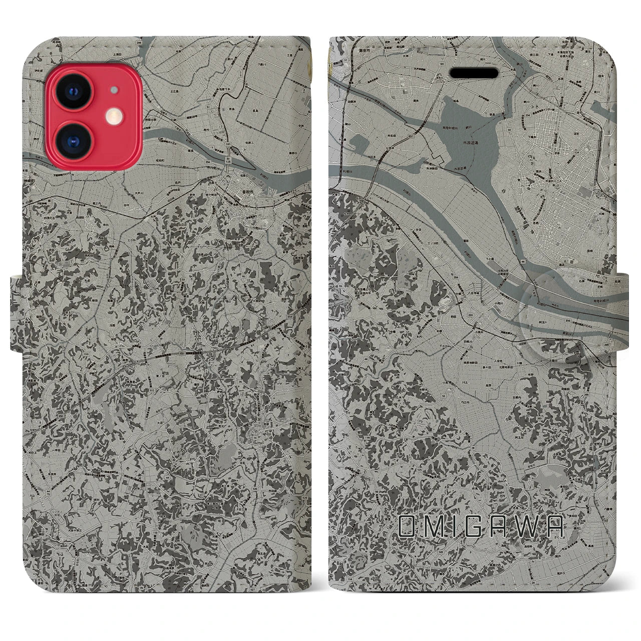 【小見川(千葉県)】地図柄iPhoneケース(手帳タイプ)モノトーン・iPhone 11 用