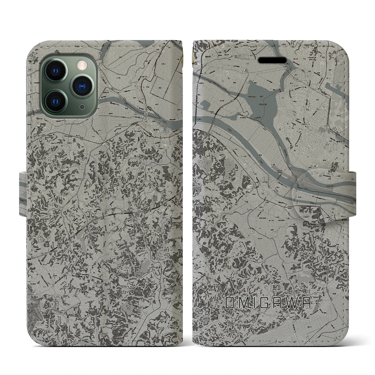 【小見川(千葉県)】地図柄iPhoneケース(手帳タイプ)モノトーン・iPhone 11 Pro 用