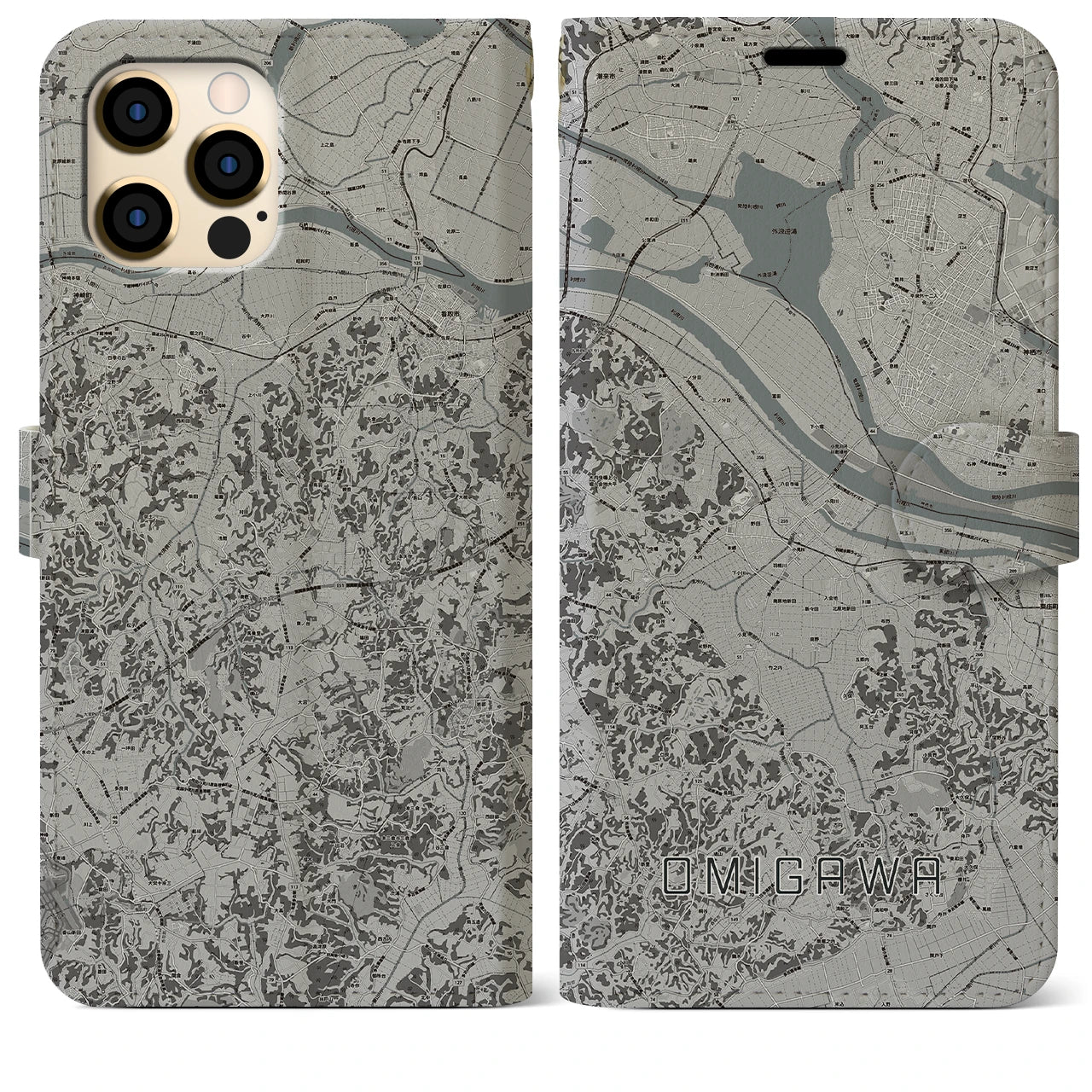 【小見川(千葉県)】地図柄iPhoneケース(手帳タイプ)モノトーン・iPhone 12 Pro Max 用