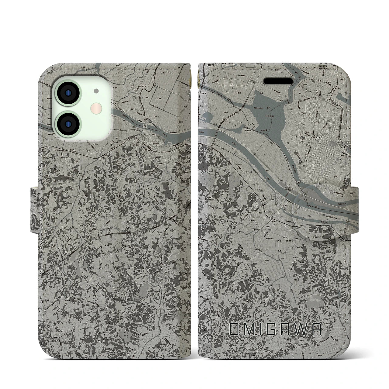 【小見川(千葉県)】地図柄iPhoneケース(手帳タイプ)モノトーン・iPhone 12 mini 用