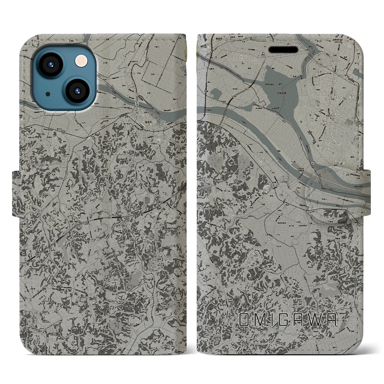 【小見川(千葉県)】地図柄iPhoneケース(手帳タイプ)モノトーン・iPhone 13 用