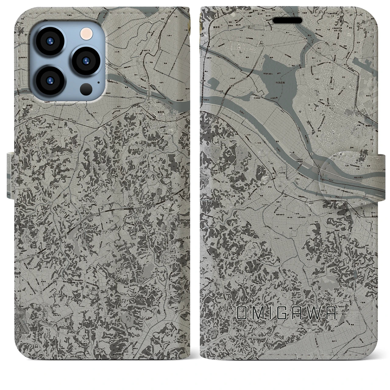 【小見川(千葉県)】地図柄iPhoneケース(手帳タイプ)モノトーン・iPhone 13 Pro Max 用