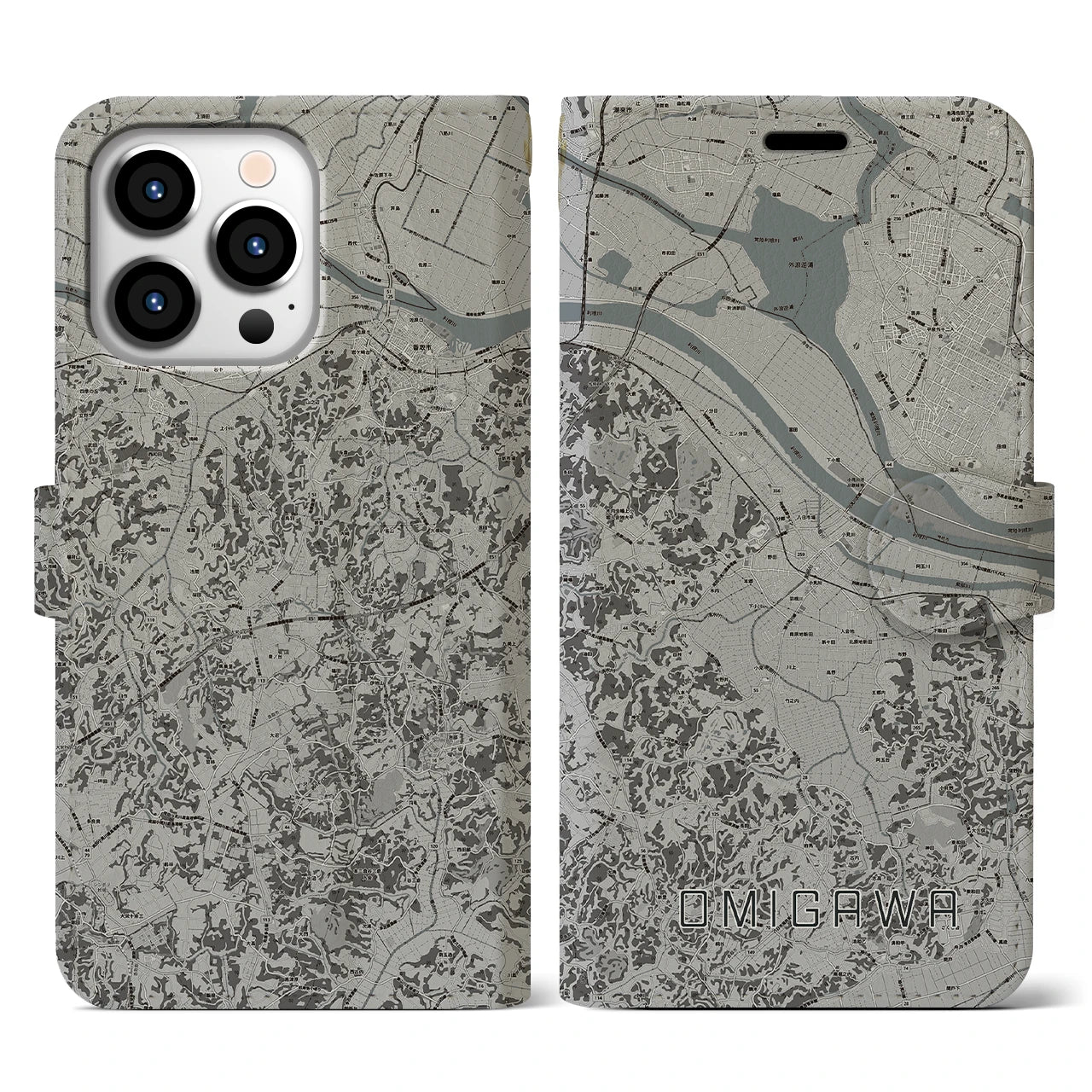 【小見川(千葉県)】地図柄iPhoneケース(手帳タイプ)モノトーン・iPhone 13 Pro 用
