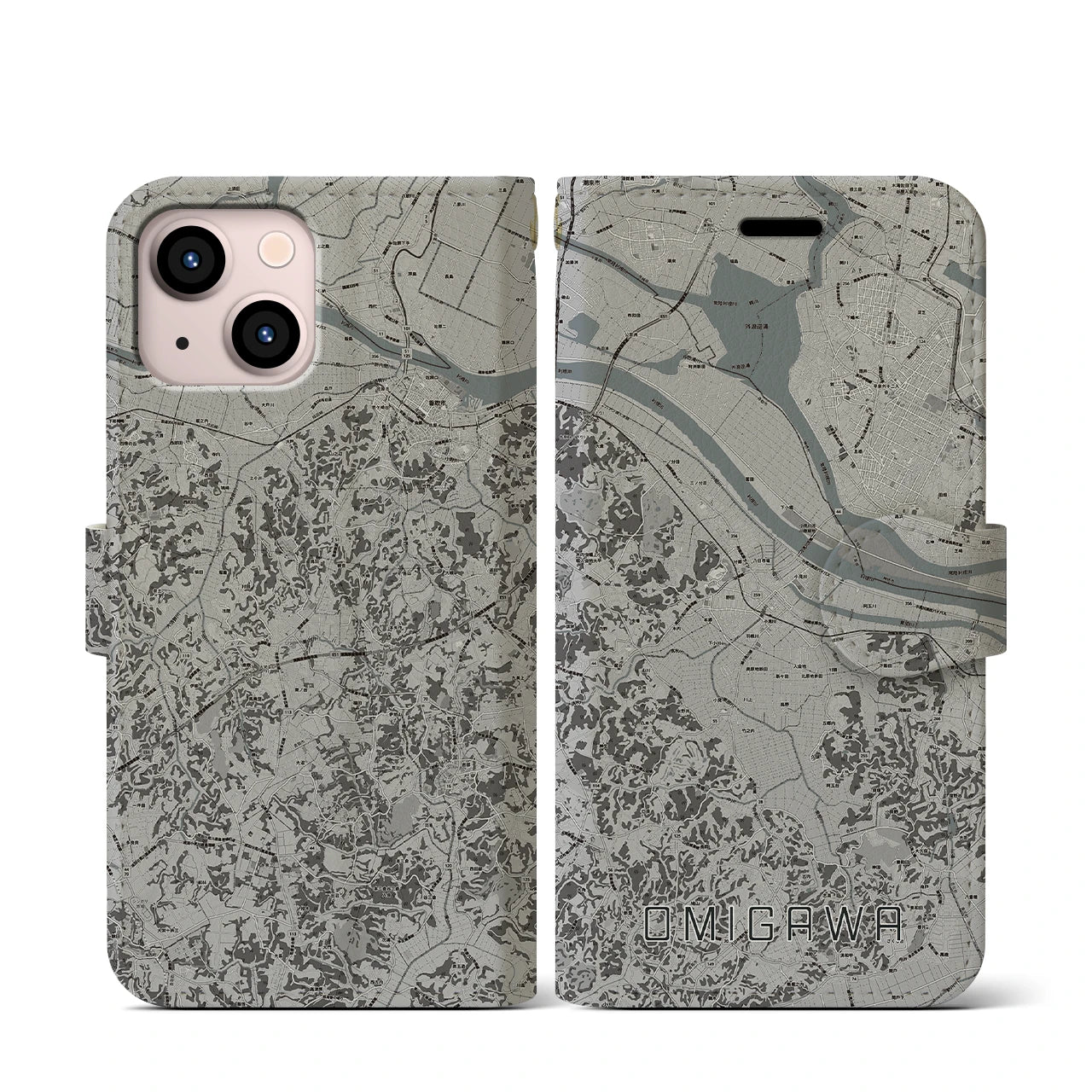 【小見川(千葉県)】地図柄iPhoneケース(手帳タイプ)モノトーン・iPhone 13 mini 用