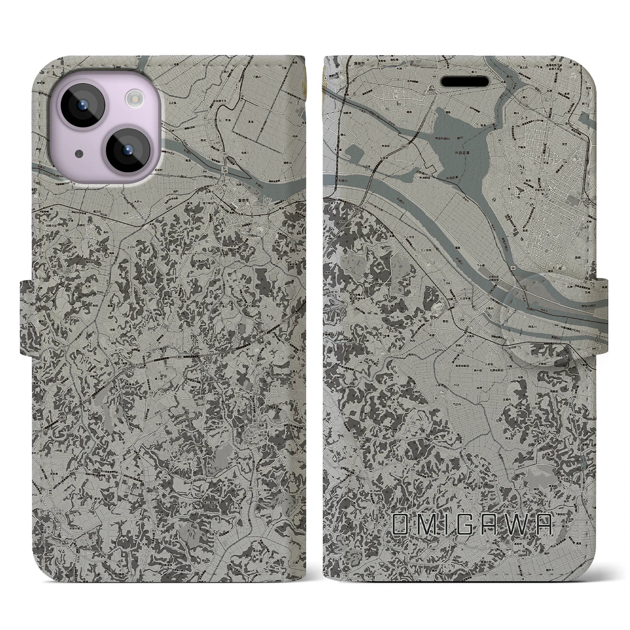 【小見川(千葉県)】地図柄iPhoneケース(手帳タイプ)モノトーン・iPhone 14 用