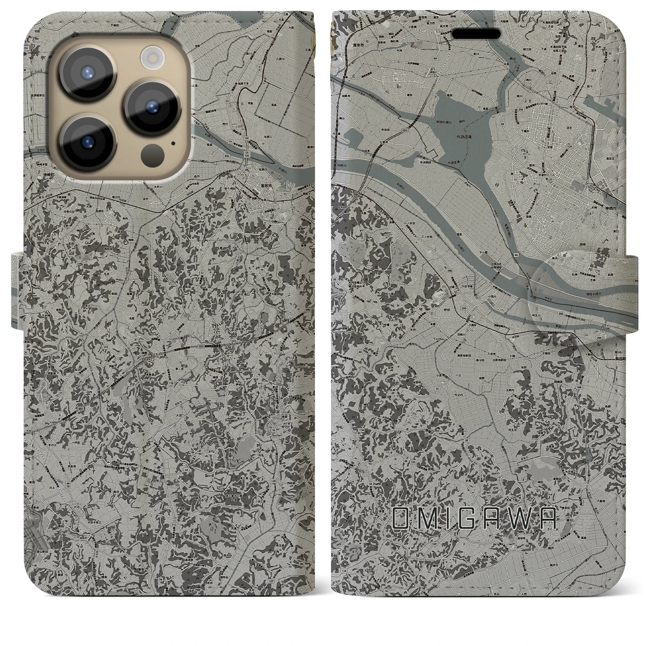【小見川(千葉県)】地図柄iPhoneケース(手帳タイプ)モノトーン・iPhone 14 Pro Max 用