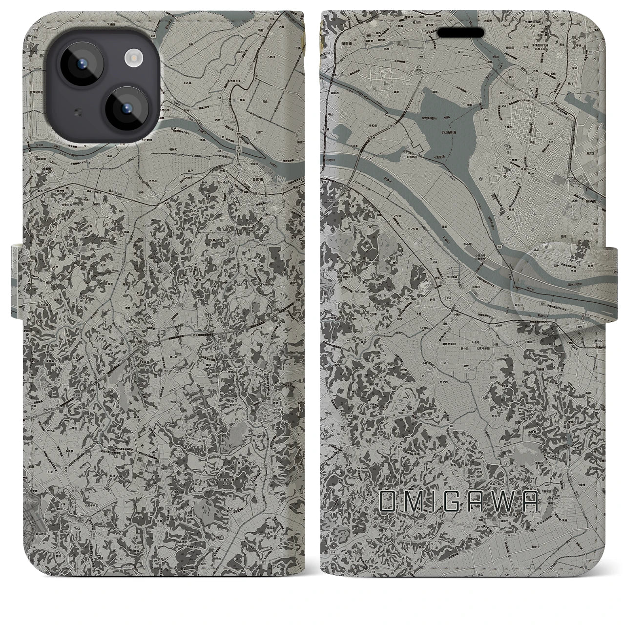 【小見川(千葉県)】地図柄iPhoneケース(手帳タイプ)モノトーン・iPhone 14 Plus 用
