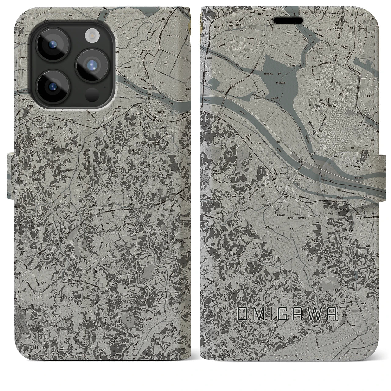 【小見川(千葉県)】地図柄iPhoneケース(手帳タイプ)モノトーン・iPhone 15 Pro Max 用