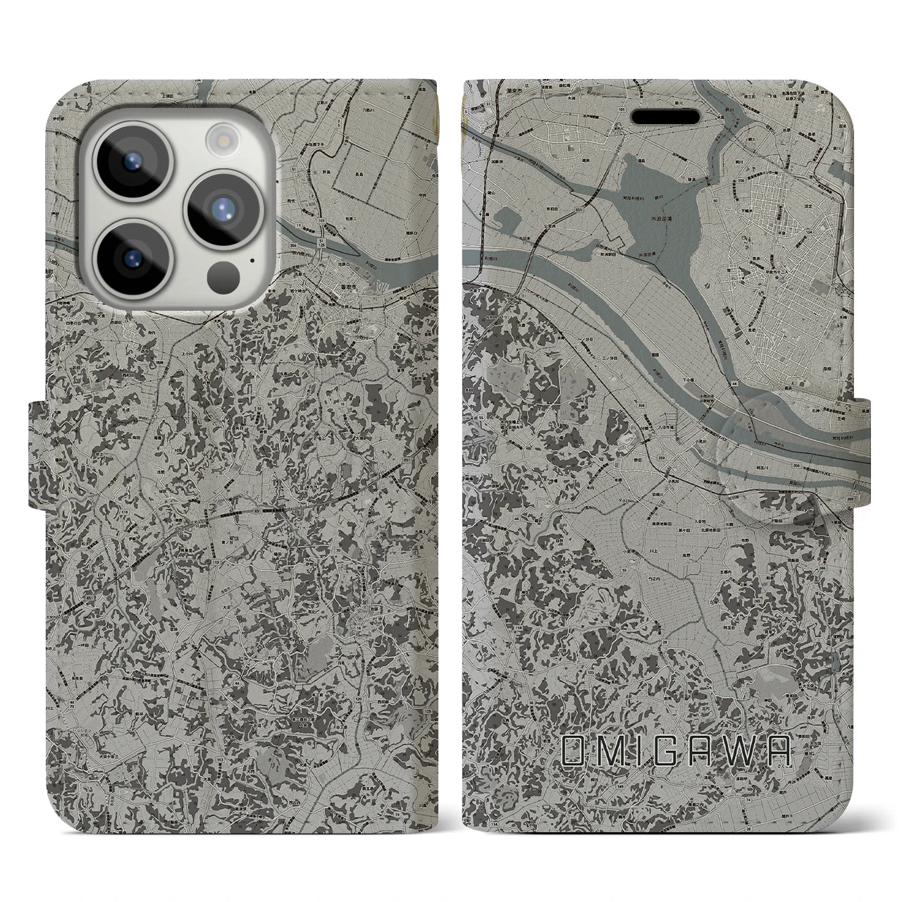 【小見川(千葉県)】地図柄iPhoneケース(手帳タイプ)モノトーン・iPhone 15 Pro 用