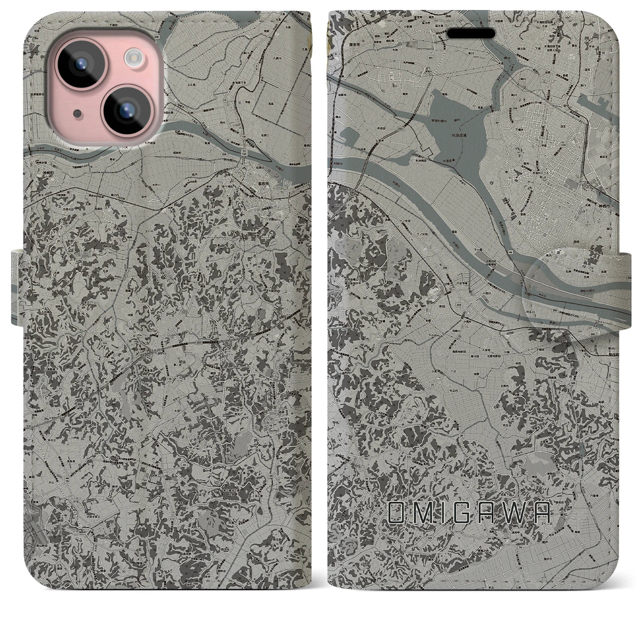 【小見川(千葉県)】地図柄iPhoneケース(手帳タイプ)モノトーン・iPhone 15 Plus 用