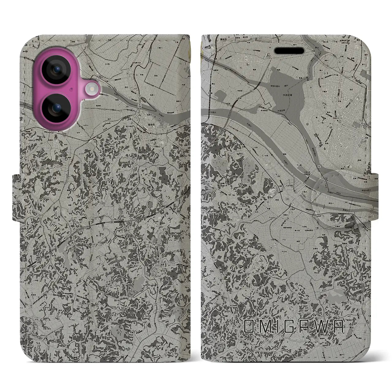 【小見川(千葉県)】地図柄iPhoneケース(手帳タイプ)モノトーン・iPhone 16 Pro 用