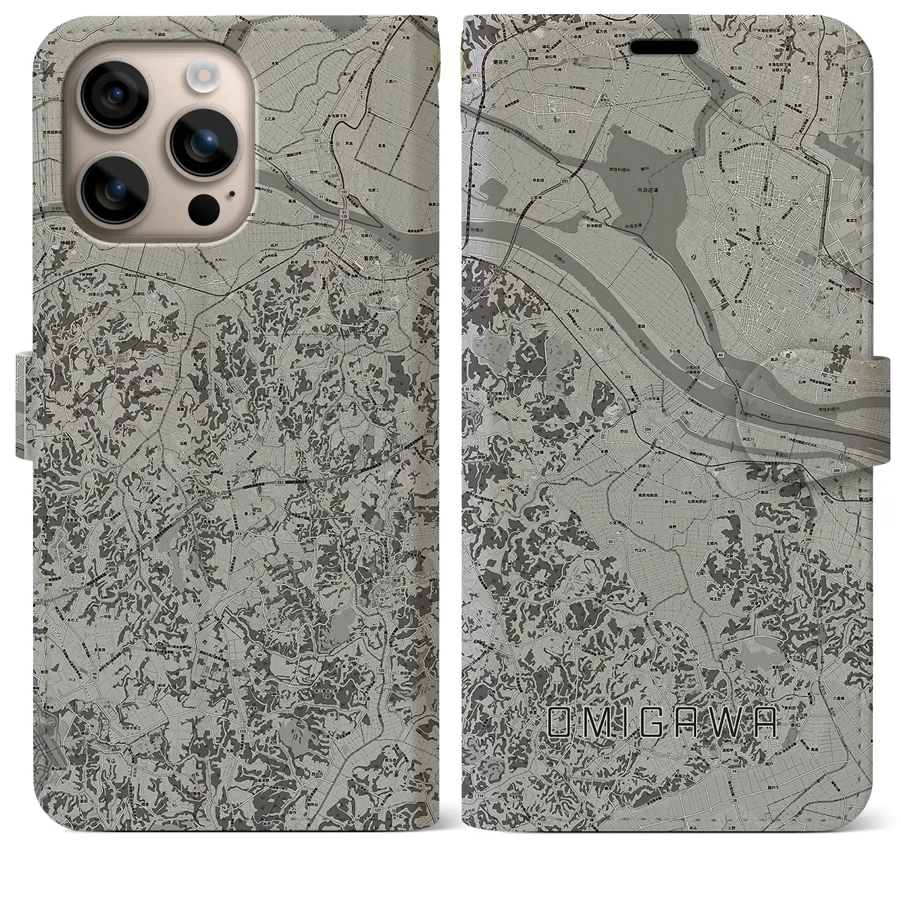 【小見川(千葉県)】地図柄iPhoneケース(手帳タイプ)モノトーン・iPhone 16 Plus 用