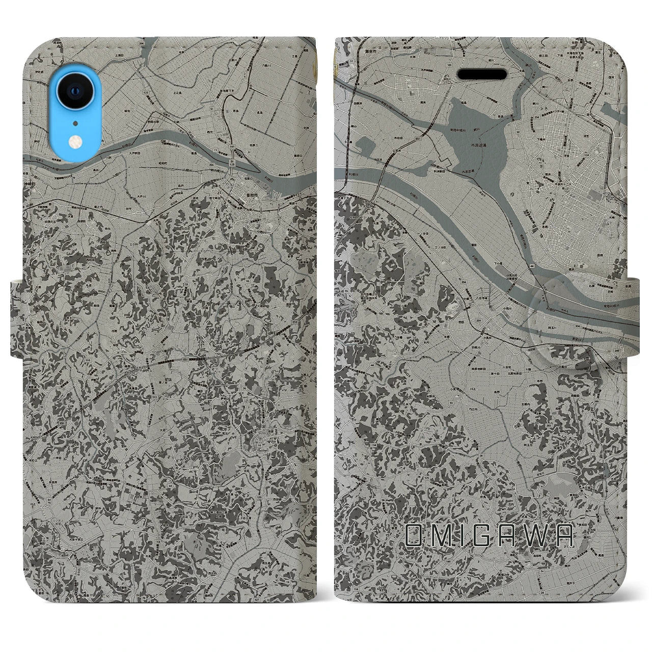 【小見川(千葉県)】地図柄iPhoneケース(手帳タイプ)モノトーン・iPhone XR 用