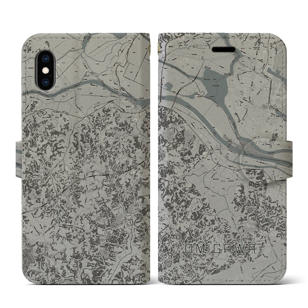 【小見川(千葉県)】地図柄iPhoneケース(手帳タイプ)モノトーン・iPhone XS / X 用