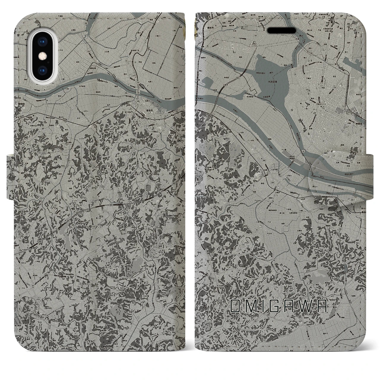 【小見川(千葉県)】地図柄iPhoneケース(手帳タイプ)モノトーン・iPhone XS Max 用