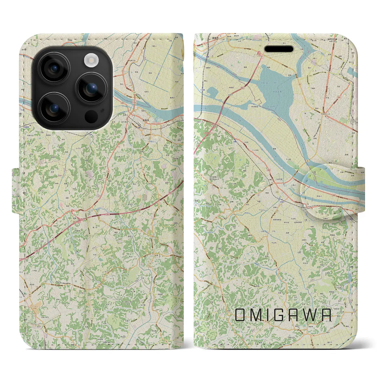 【小見川(千葉県)】地図柄iPhoneケース(手帳タイプ)ナチュラル・iPhone 16 用