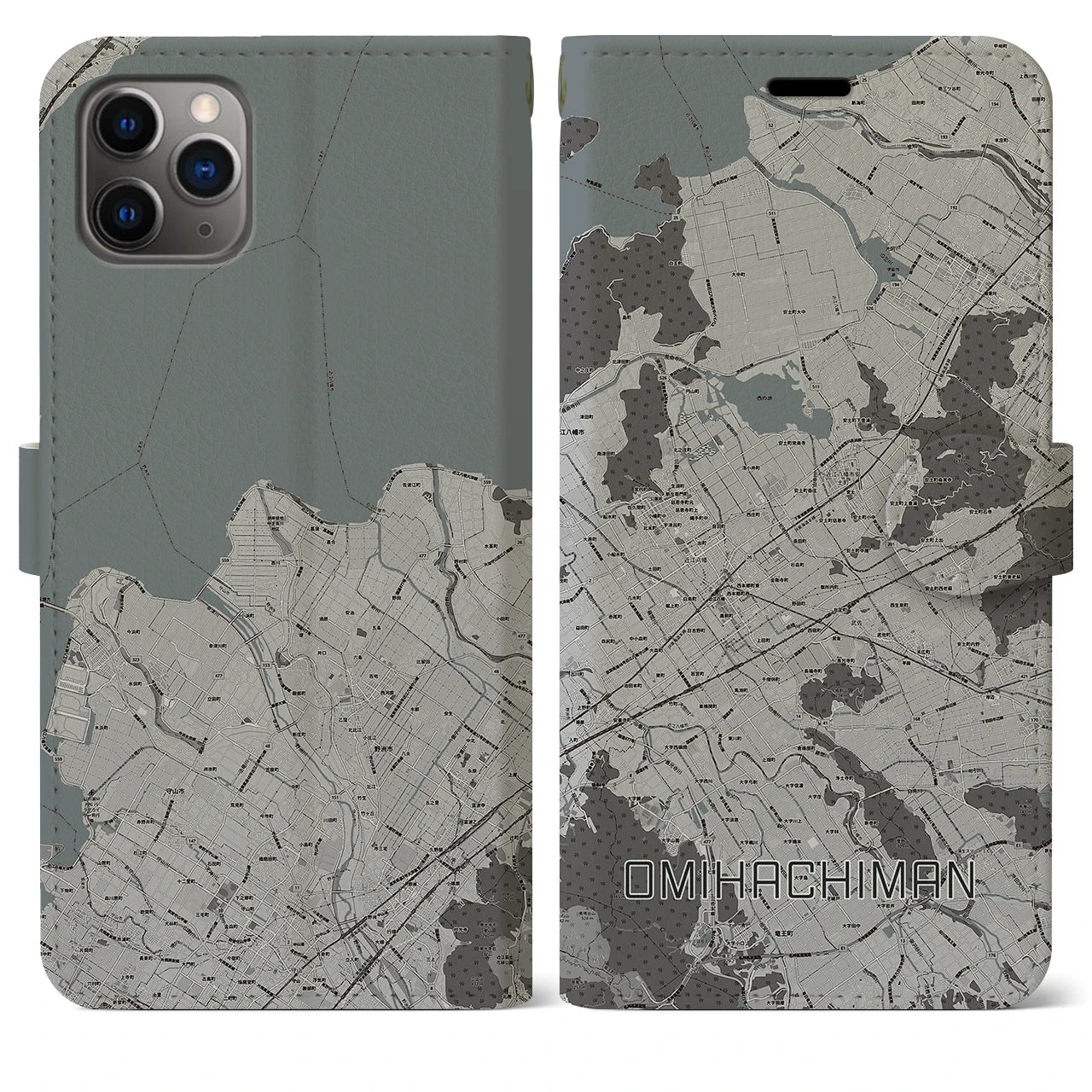 【近江八幡2(滋賀県)】地図柄iPhoneケース(手帳タイプ)モノトーン・iPhone 11 Pro Max 用