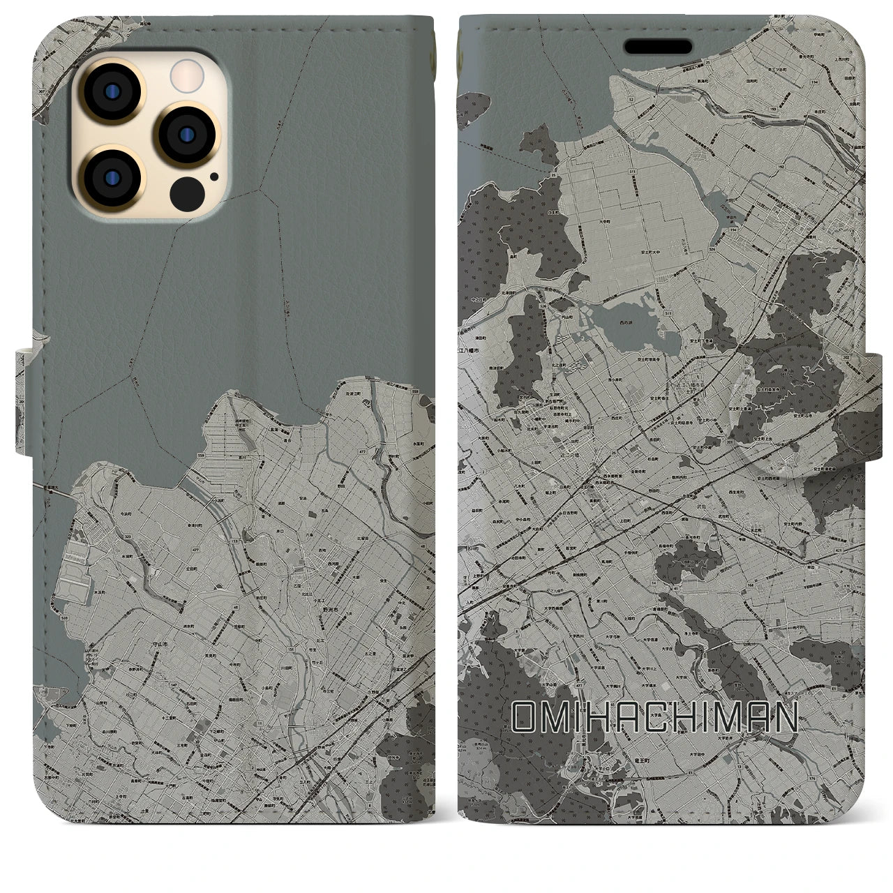 【近江八幡2(滋賀県)】地図柄iPhoneケース(手帳タイプ)モノトーン・iPhone 12 Pro Max 用