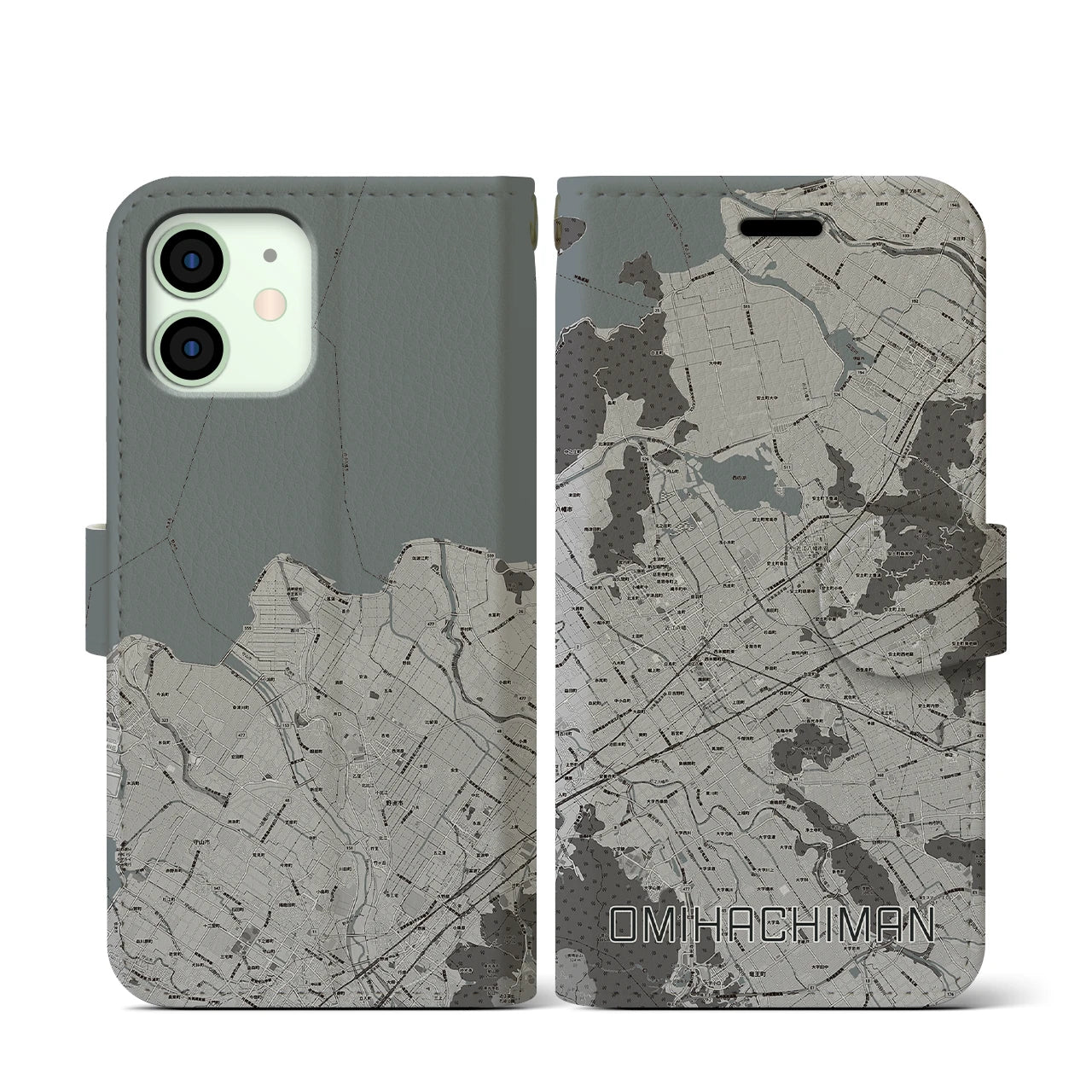 【近江八幡2(滋賀県)】地図柄iPhoneケース(手帳タイプ)モノトーン・iPhone 12 mini 用