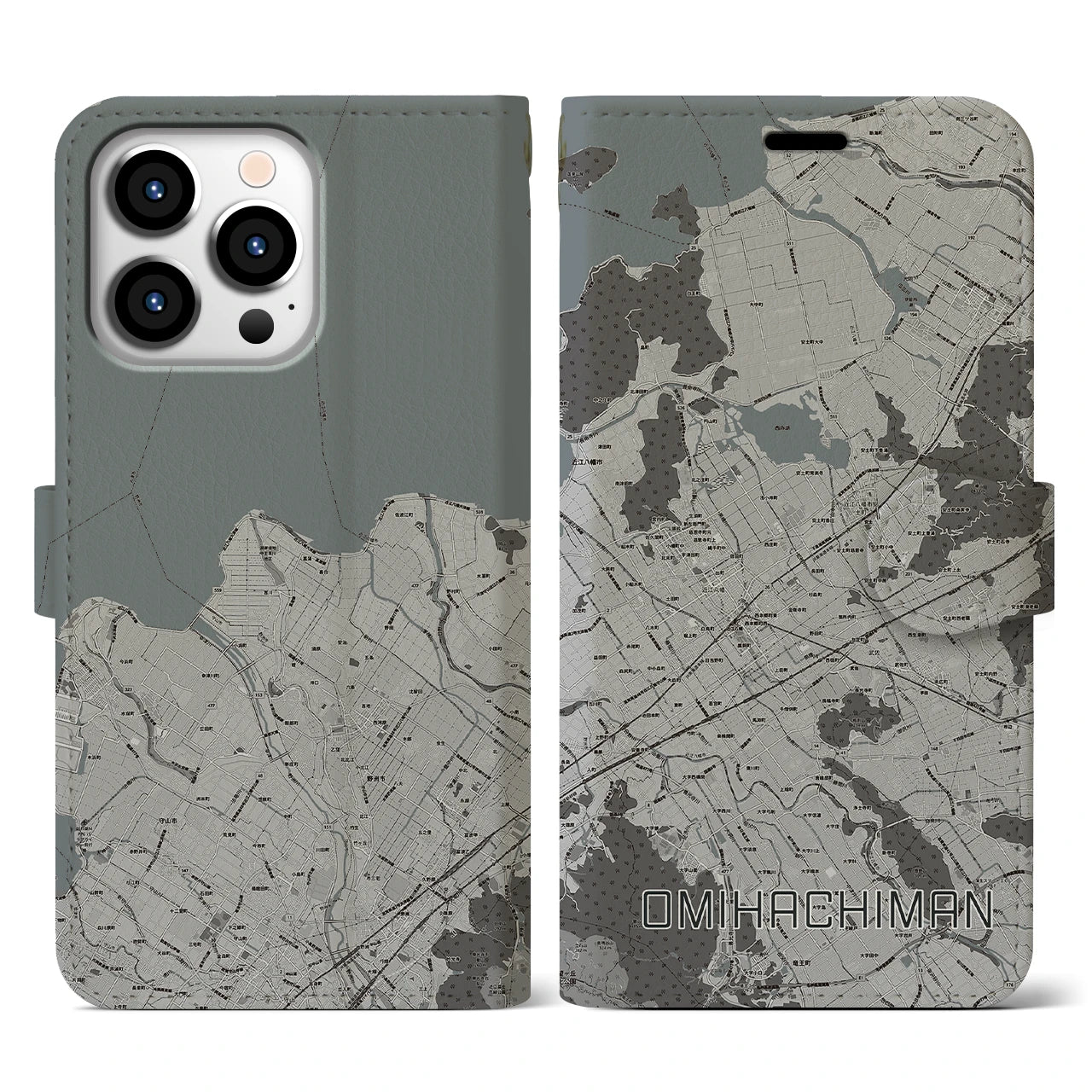 【近江八幡2(滋賀県)】地図柄iPhoneケース(手帳タイプ)モノトーン・iPhone 13 Pro 用