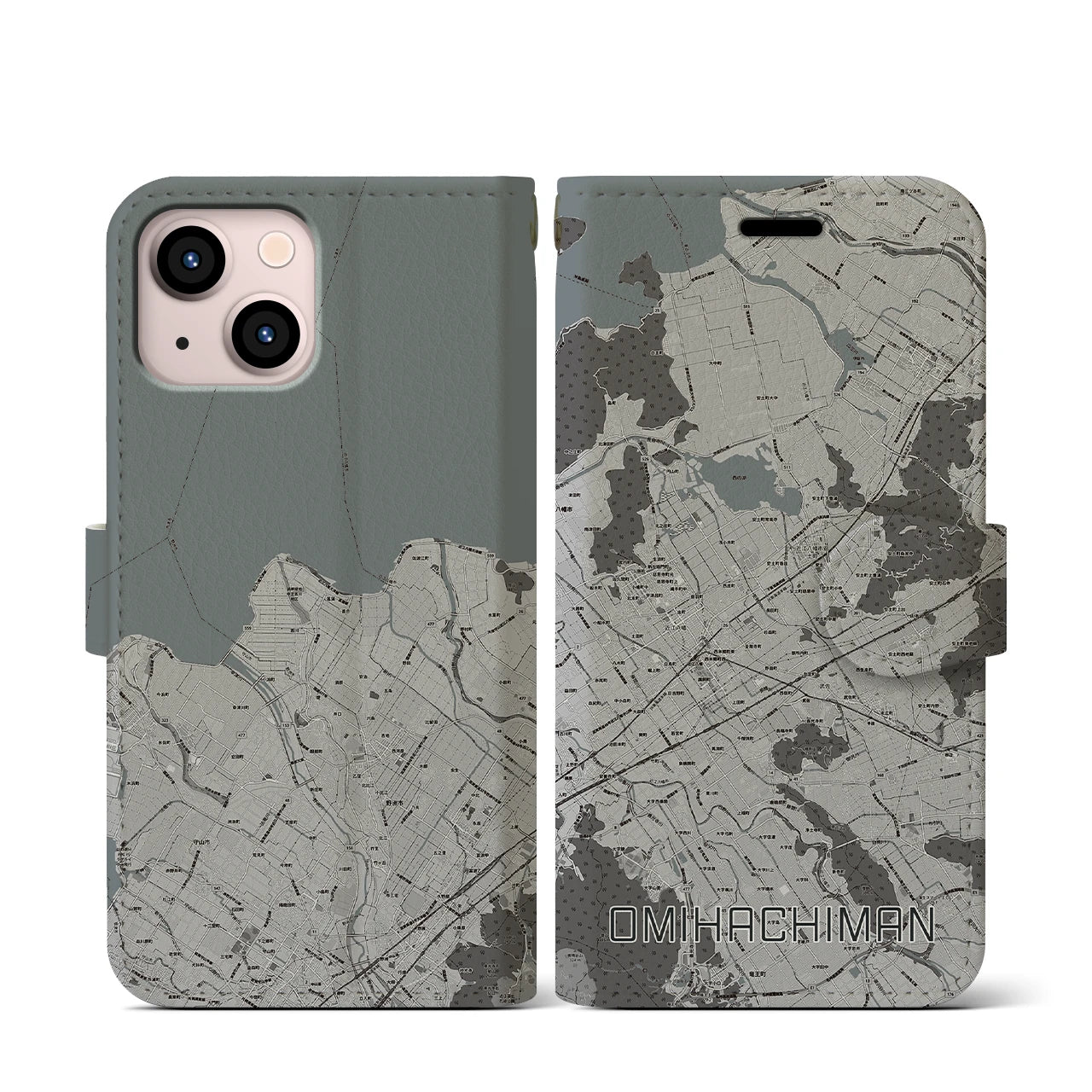 【近江八幡2(滋賀県)】地図柄iPhoneケース(手帳タイプ)モノトーン・iPhone 13 mini 用