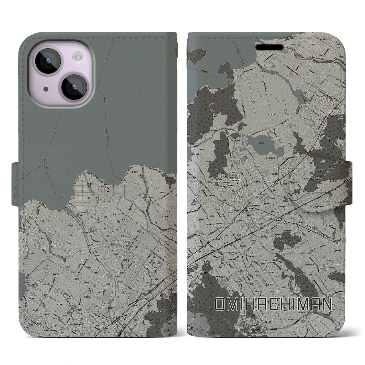 【近江八幡2(滋賀県)】地図柄iPhoneケース(手帳タイプ)モノトーン・iPhone 14 用