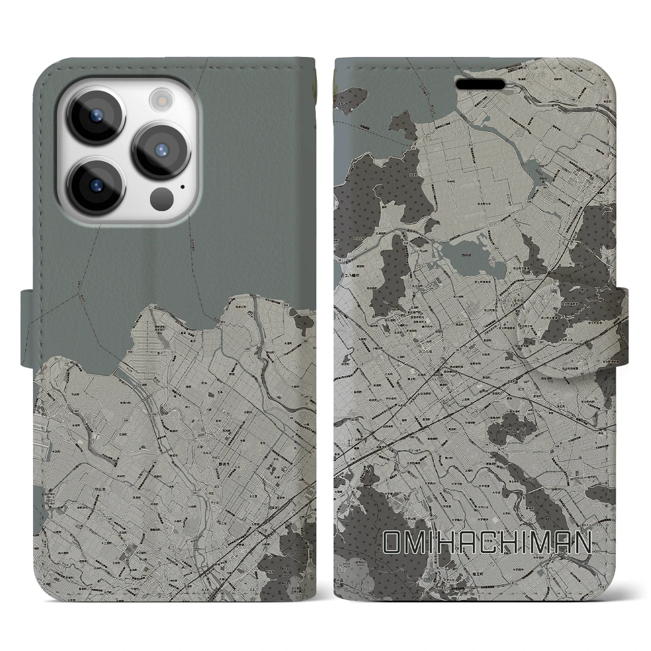 【近江八幡2(滋賀県)】地図柄iPhoneケース(手帳タイプ)モノトーン・iPhone 14 Pro 用