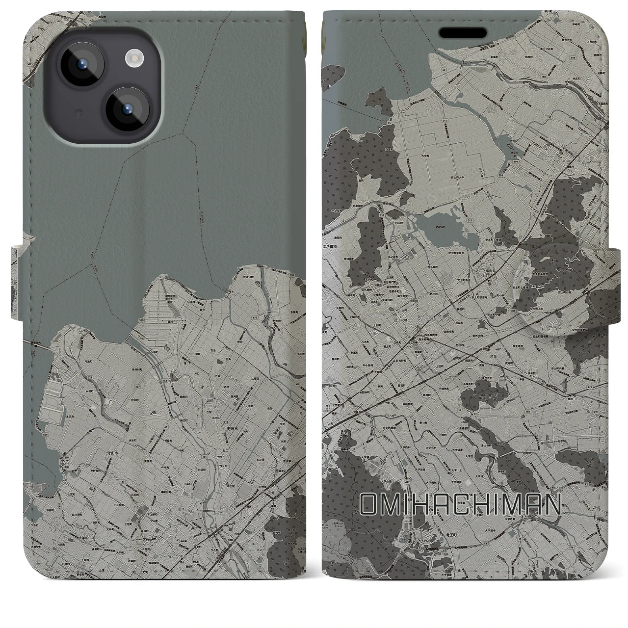 【近江八幡2(滋賀県)】地図柄iPhoneケース(手帳タイプ)モノトーン・iPhone 14 Plus 用