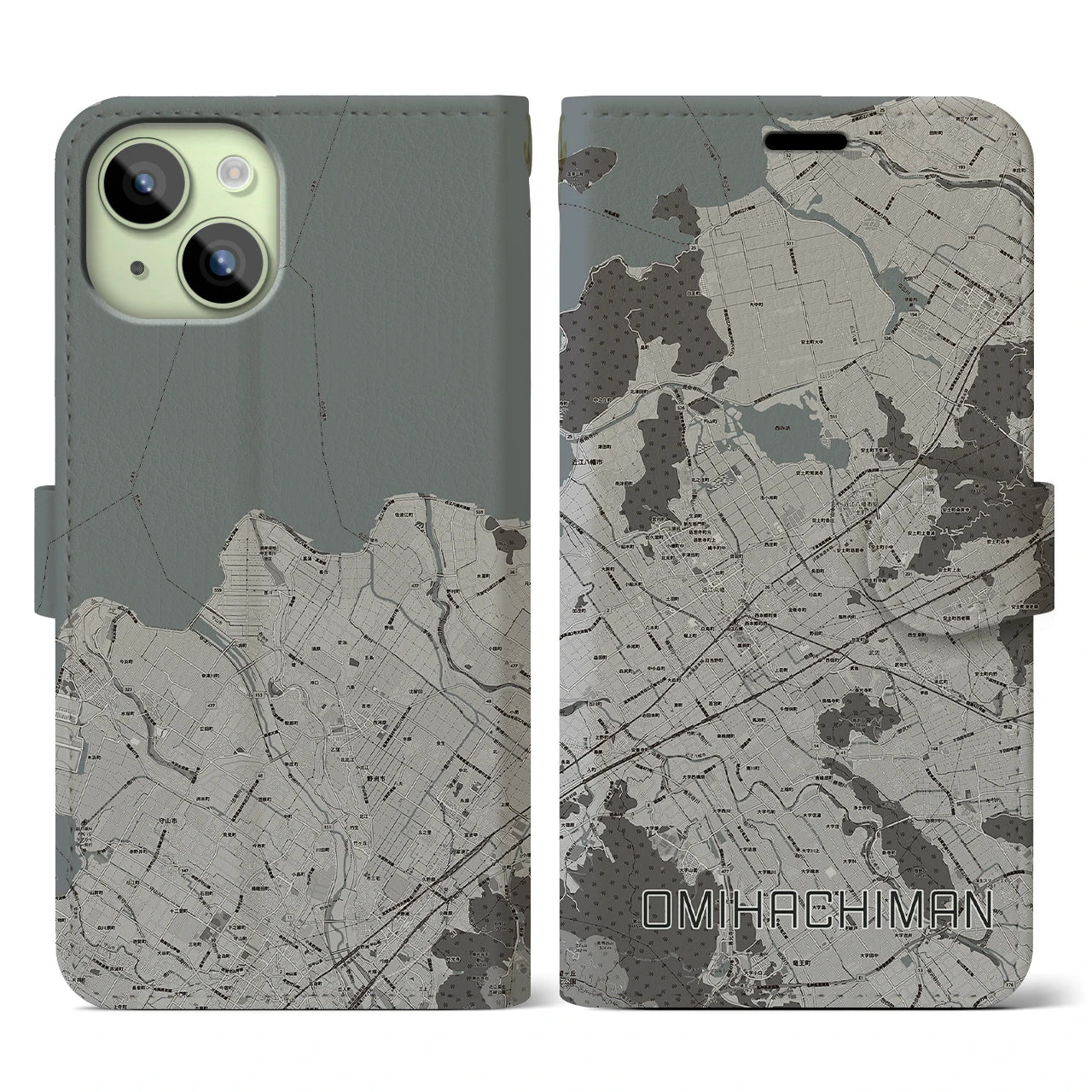 【近江八幡2(滋賀県)】地図柄iPhoneケース(手帳タイプ)モノトーン・iPhone 15 用