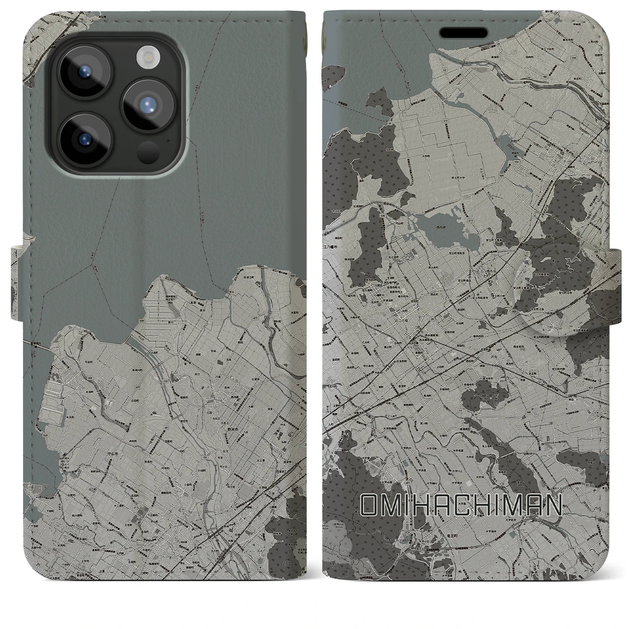 【近江八幡2(滋賀県)】地図柄iPhoneケース(手帳タイプ)モノトーン・iPhone 15 Pro Max 用