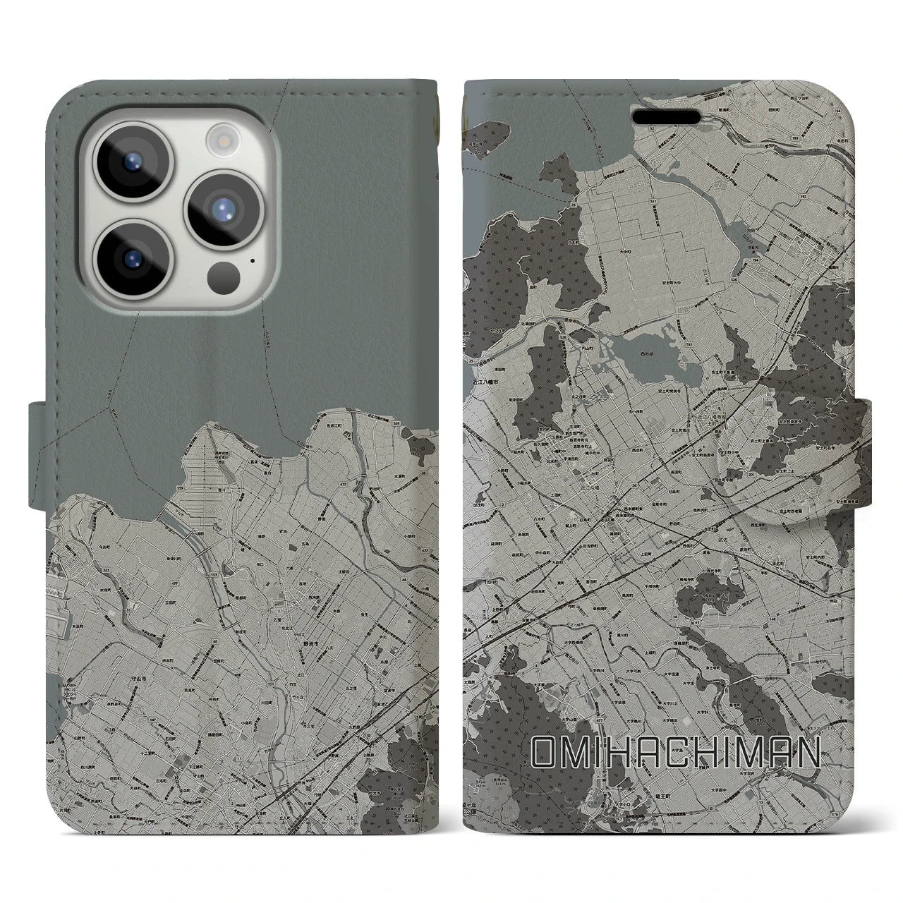 【近江八幡2(滋賀県)】地図柄iPhoneケース(手帳タイプ)モノトーン・iPhone 15 Pro 用