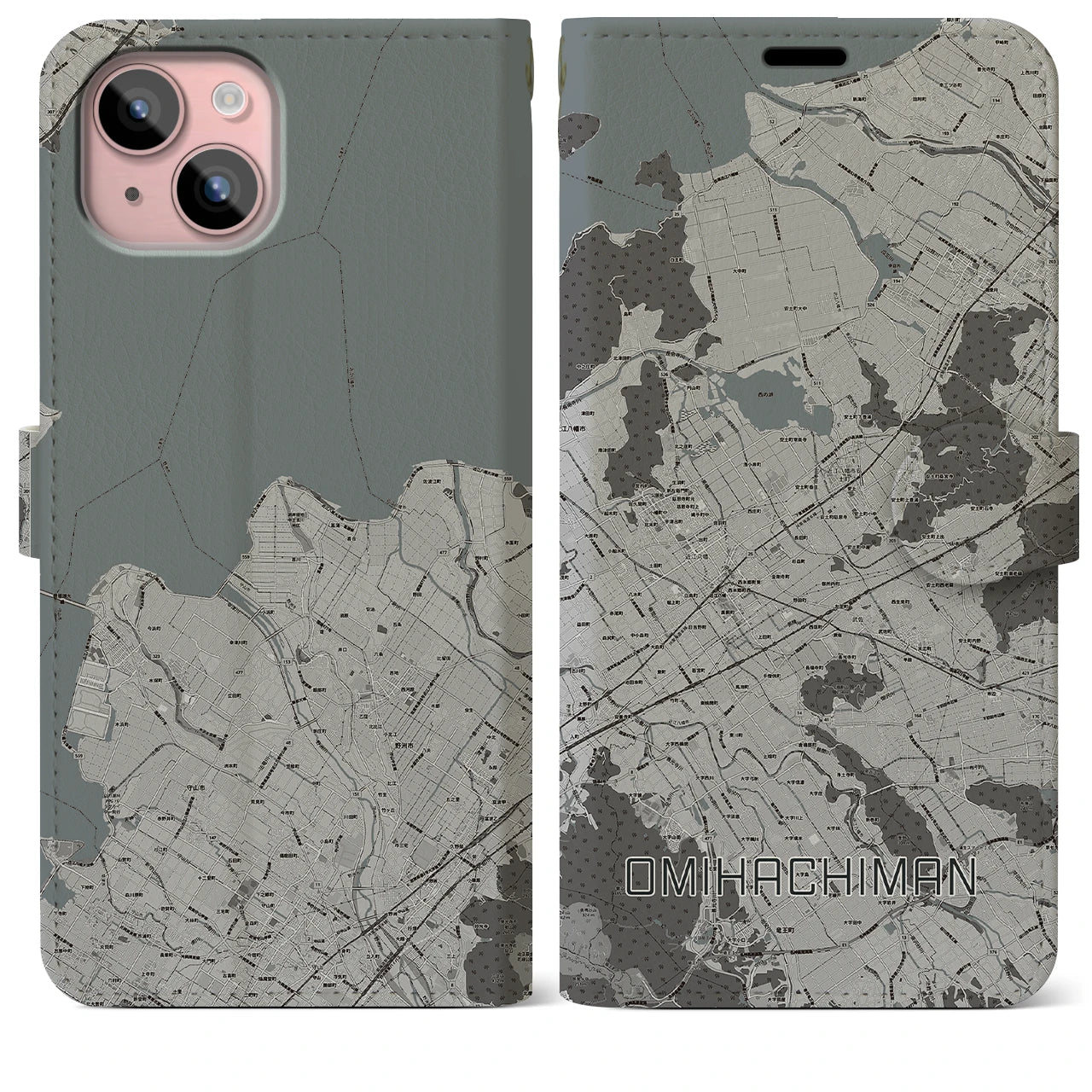 【近江八幡2(滋賀県)】地図柄iPhoneケース(手帳タイプ)モノトーン・iPhone 15 Plus 用